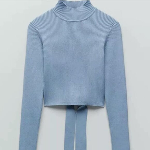 2/$30 Zara Blue Backless Mock Neck Knit Sweater Wrap Around Tie Size Small - Picture 3 of 14